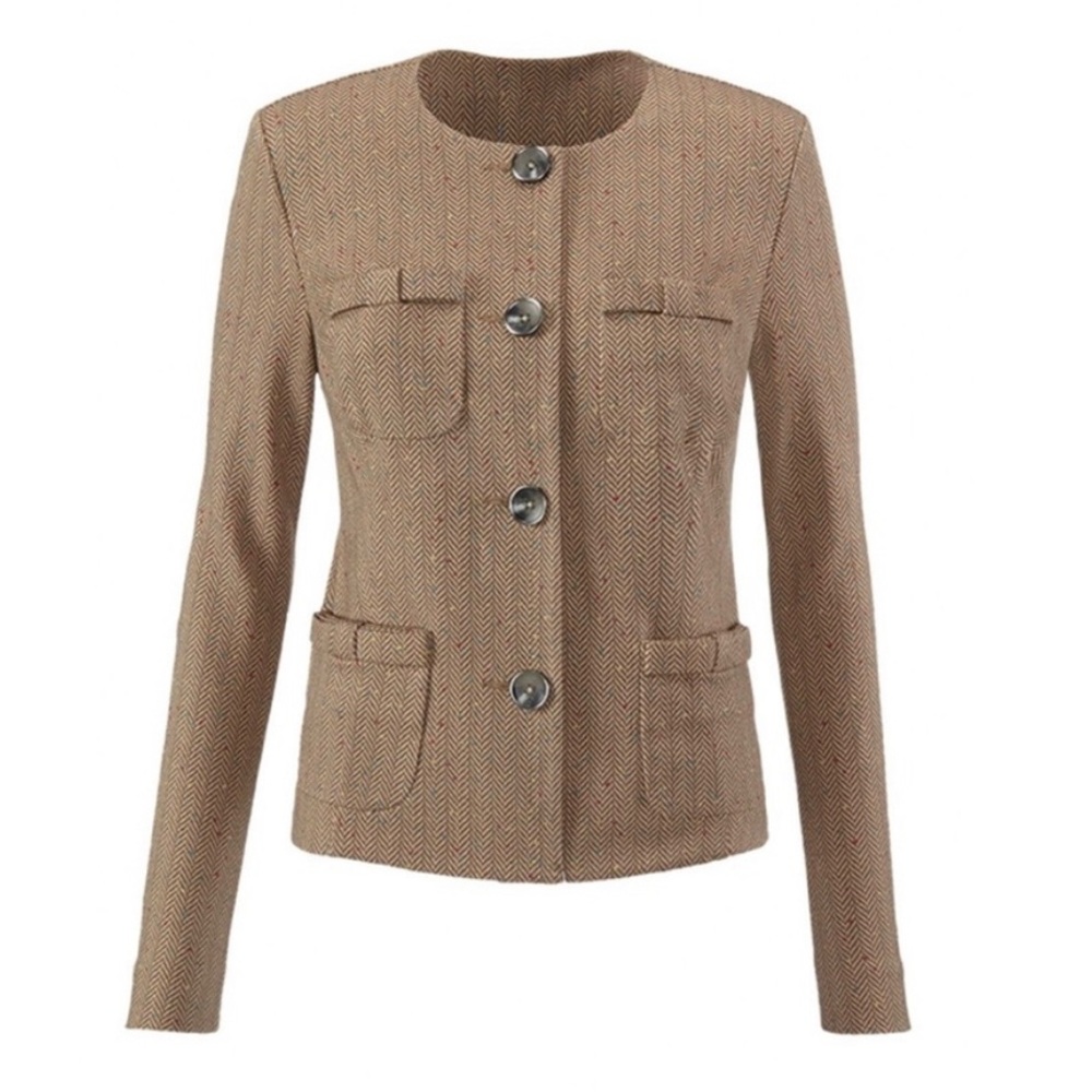 CAbi herringbone knit jacket in medium. Tailored stretch in neutral tan